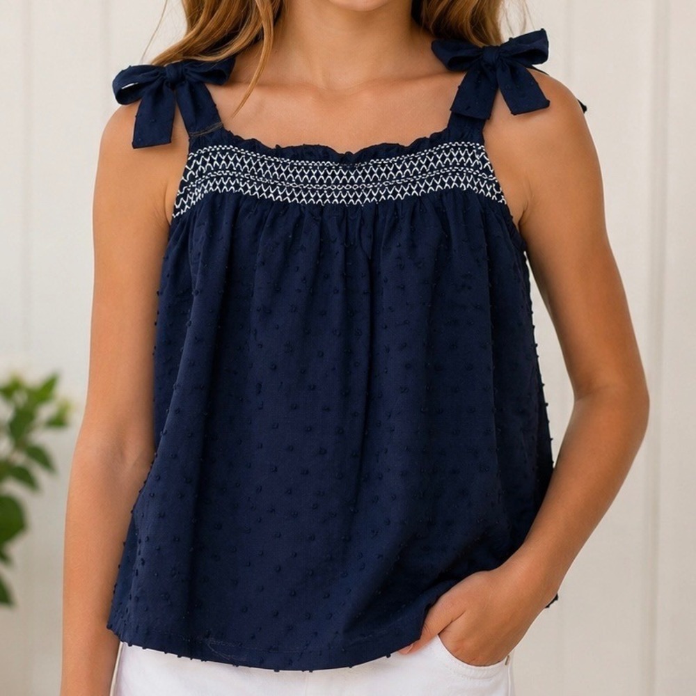Crown & Ivy Kids Girls Navy Blue Swiss Dot 100% Cotton Smocked Bow Strap Top L